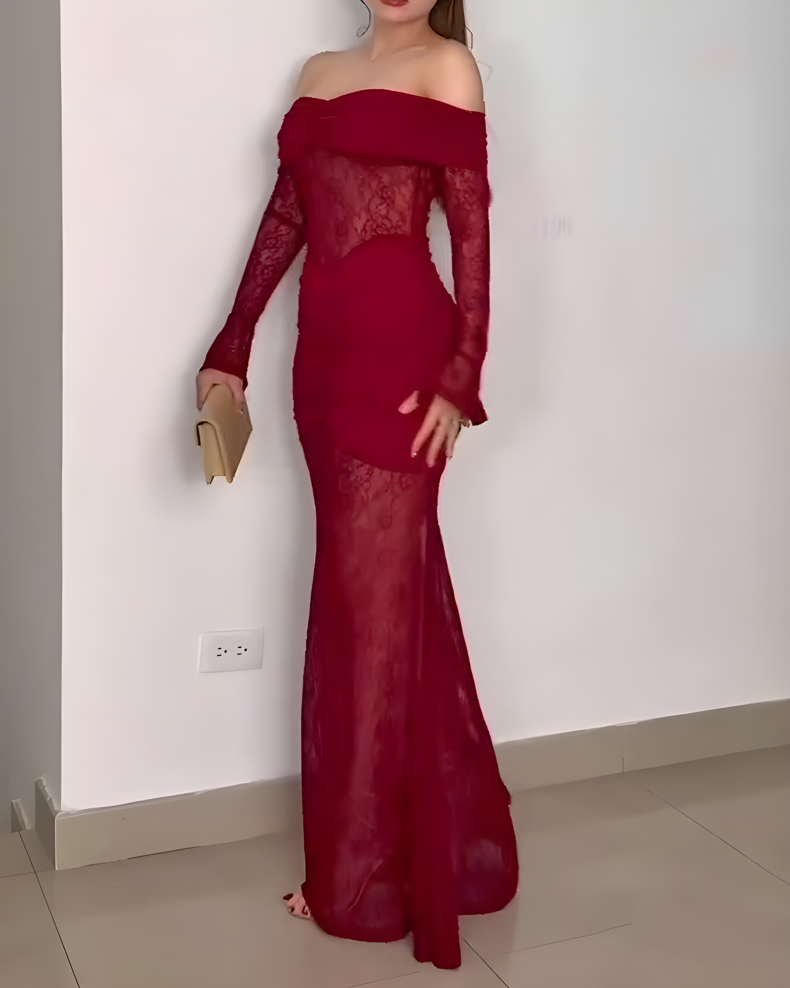 Lace Off-Shoulder Slit Long-Sleeved Dress