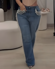 Beaded Tassel Trim Straight Leg Jeans