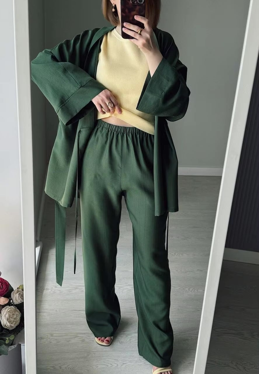 Lena Green Belted Top & Pants Set
