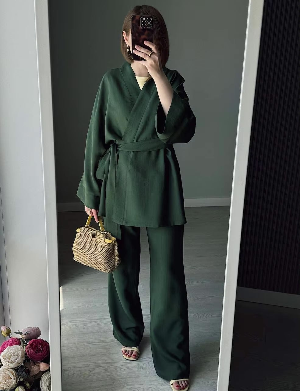 Lena Green Belted Top & Pants Set