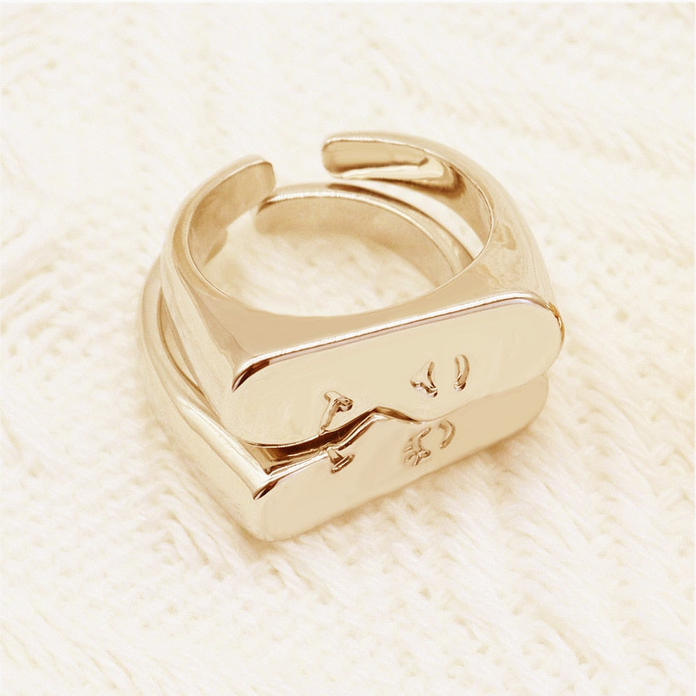 Abstract Face Pair Minimalist Ring Set - Silver or Gold