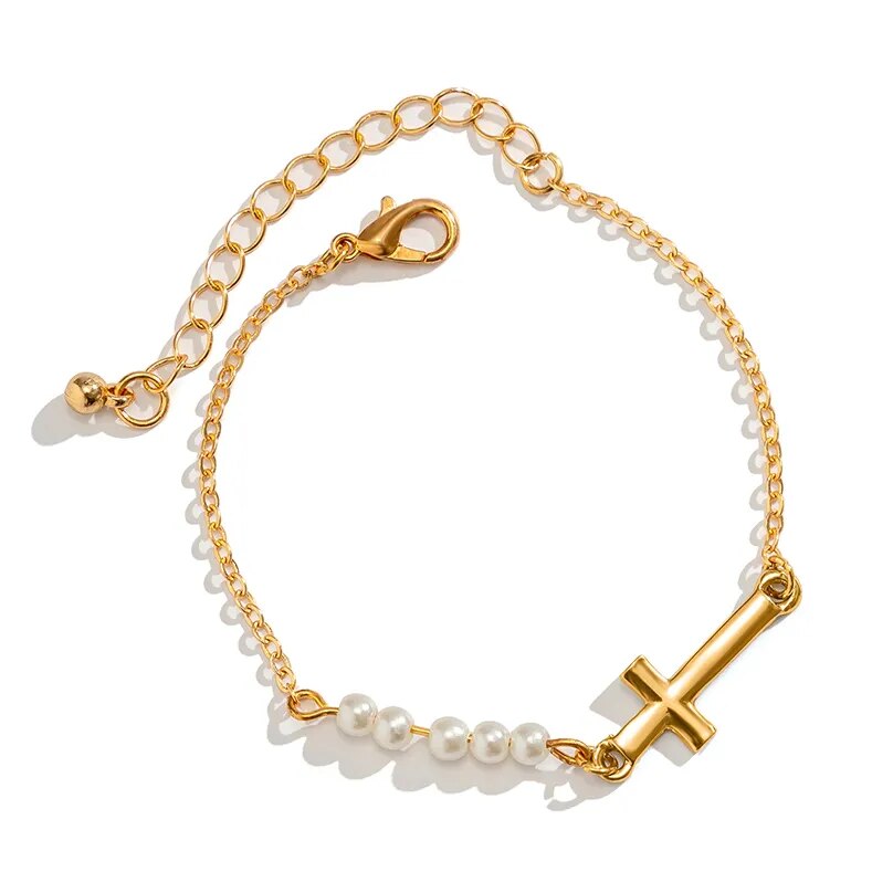 Ama Cross-Motif with Pearl Bracelet - Gold or Silver