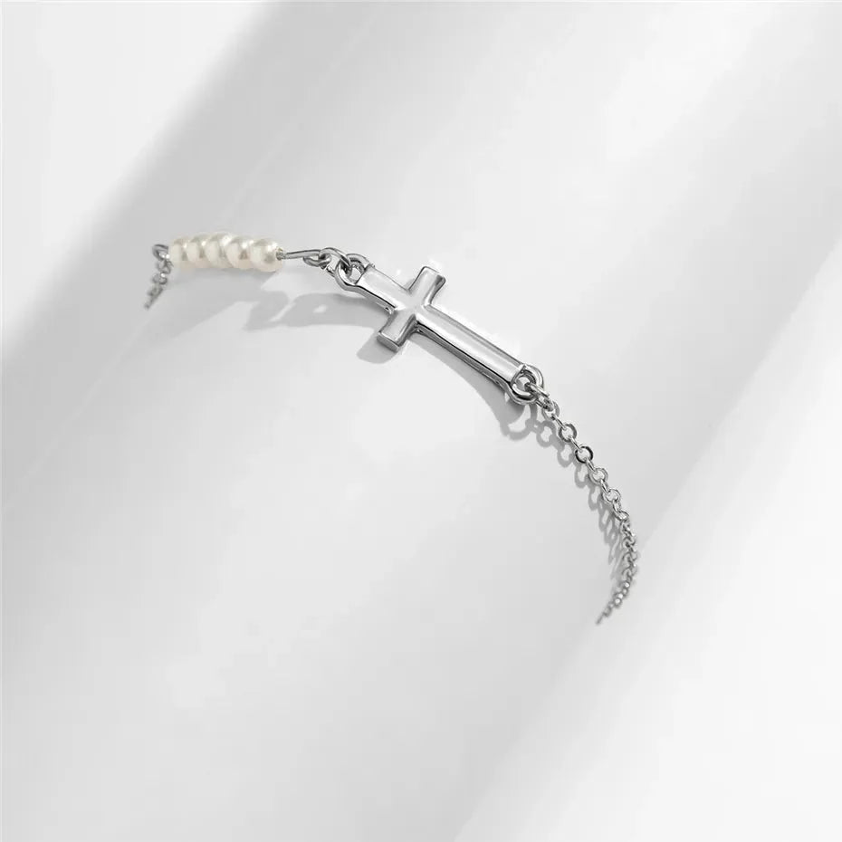 Ama Cross-Motif with Pearl Bracelet - Gold or Silver
