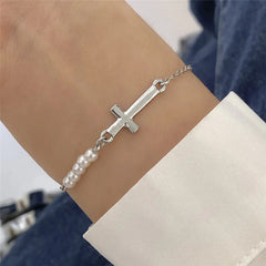 Ama Cross-Motif with Pearl Bracelet - Gold or Silver