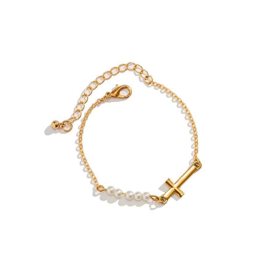 Ama Cross-Motif with Pearl Bracelet - Gold or Silver
