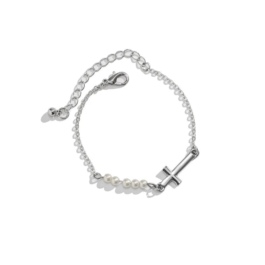 Ama Cross-Motif with Pearl Bracelet - Gold or Silver