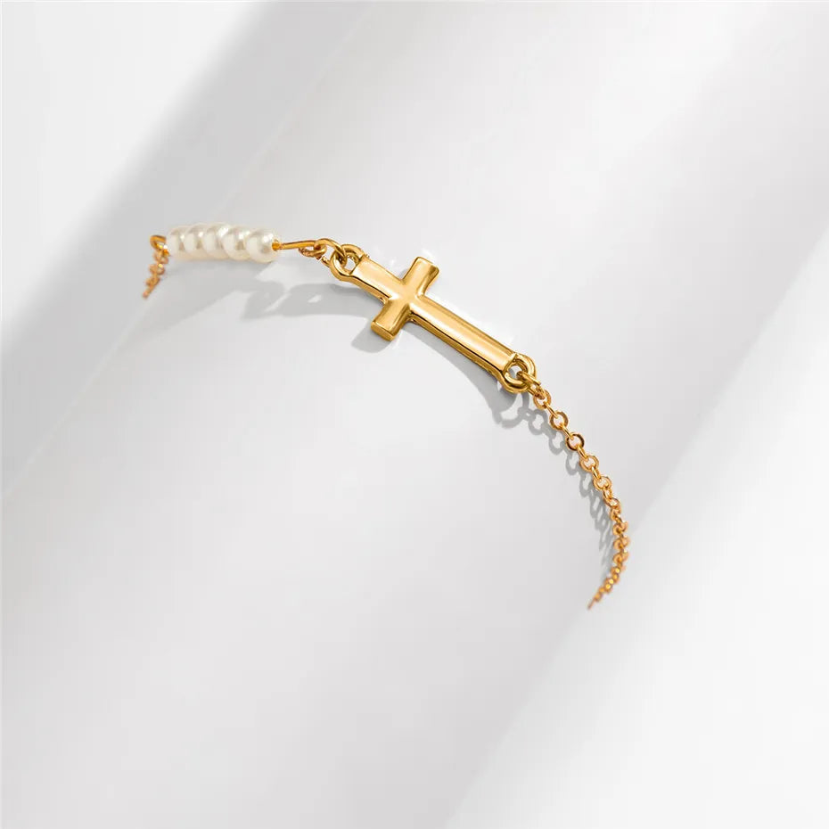 Ama Cross-Motif with Pearl Bracelet - Gold or Silver