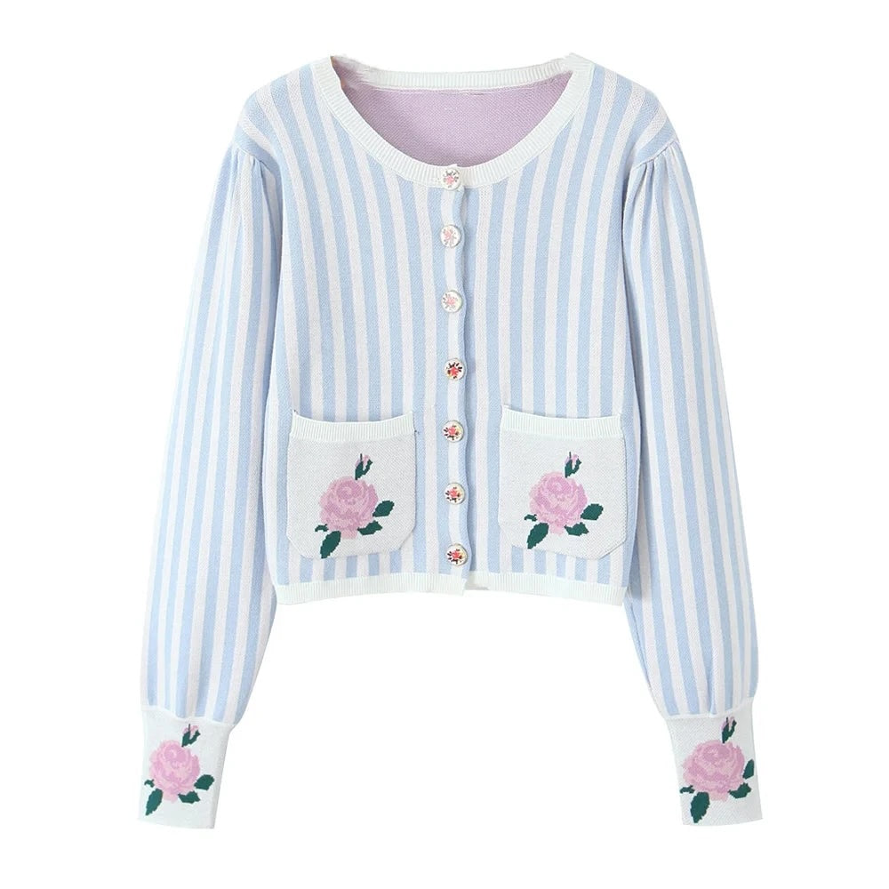 Amelie Floral Blue Striped Pointelle Knit Cardigan