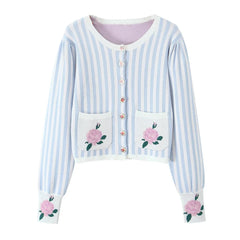 Amelie Floral Blue Striped Pointelle Knit Cardigan