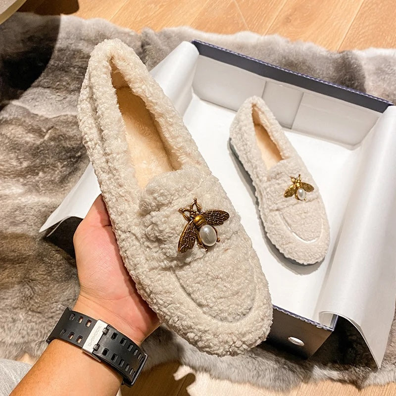 Bees Charm Faux Lambs Wool Driving Loafers