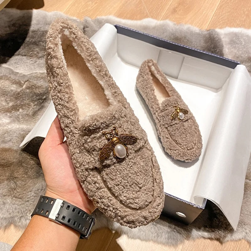 Bees Charm Faux Lambs Wool Driving Loafers