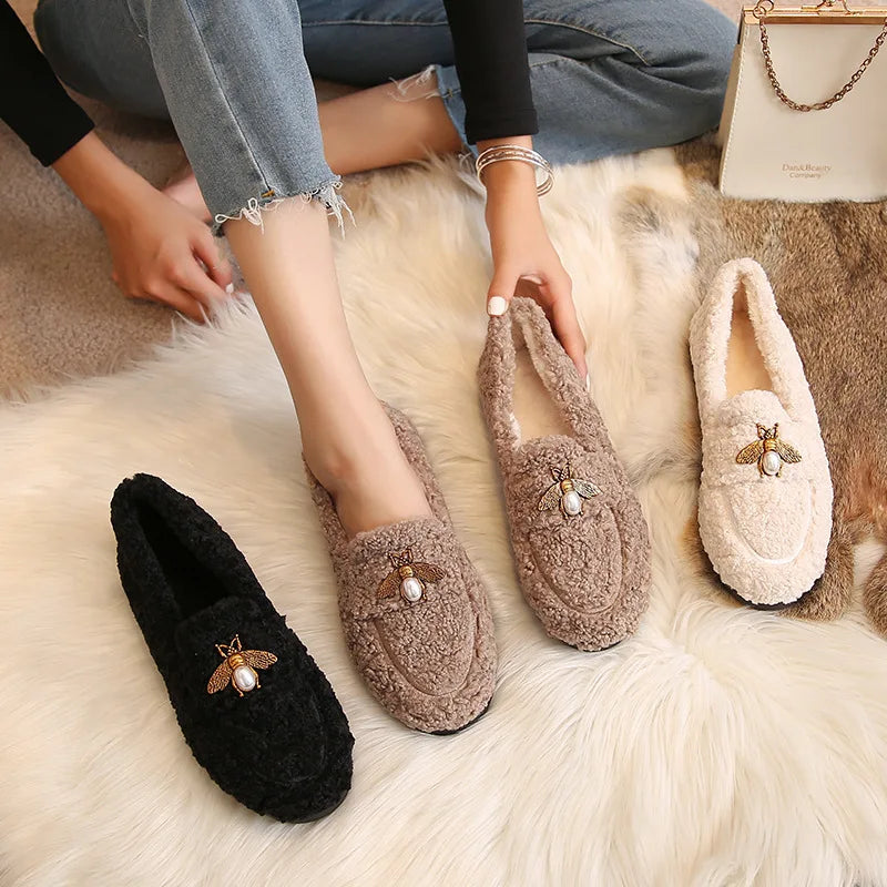 Bees Charm Faux Lambs Wool Driving Loafers