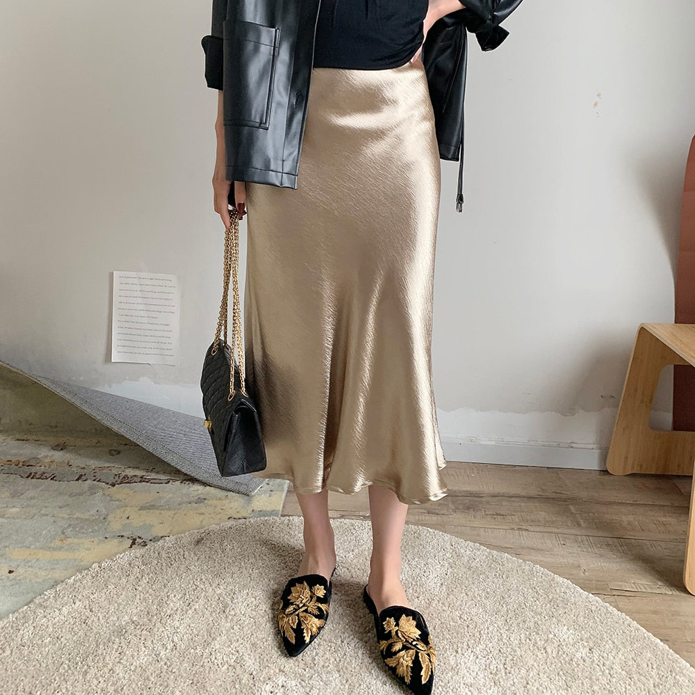 Bella Textured Satin Midi Skirt - Gold S/M (US XS/S) - SALE