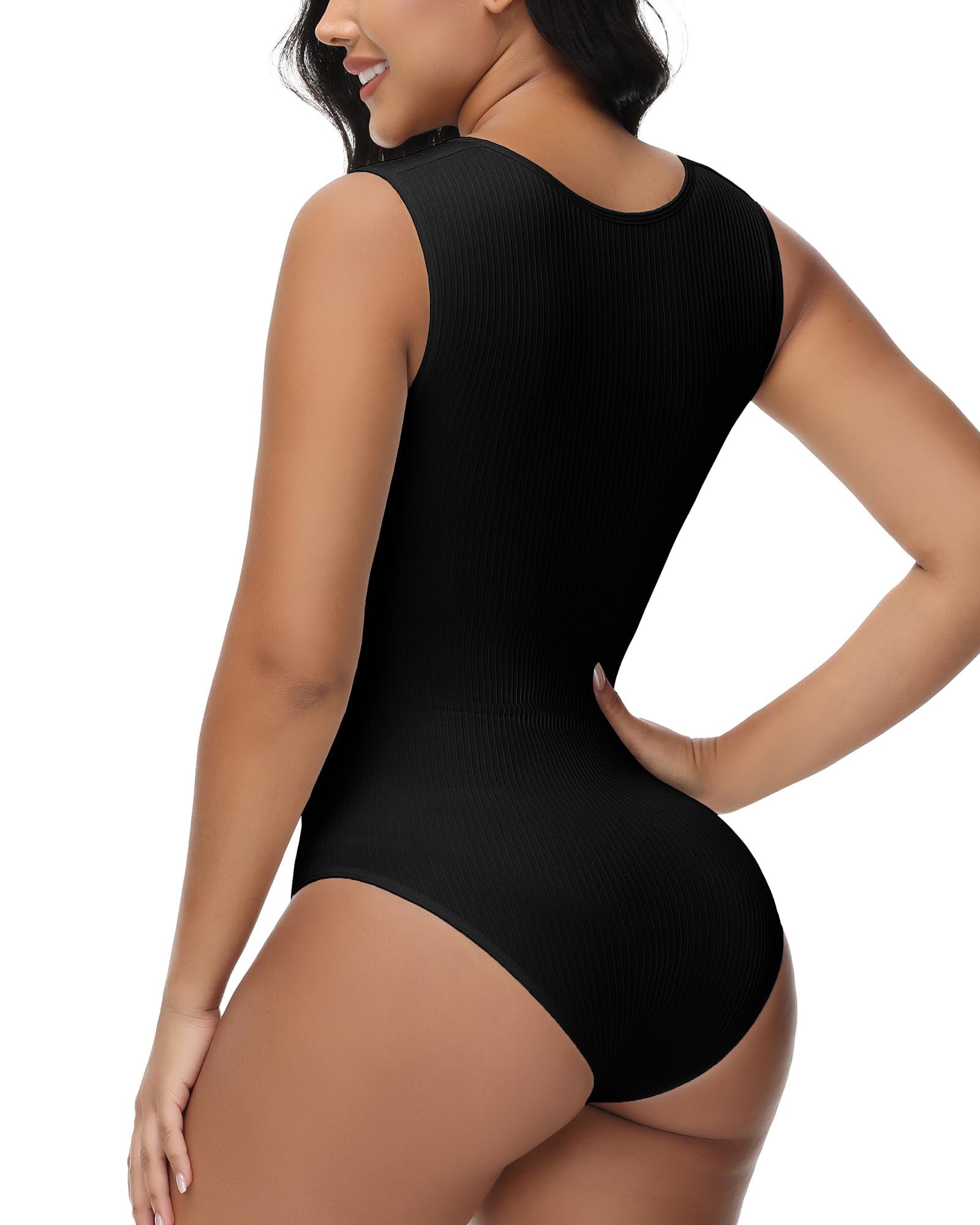 Ribbed Strappy Square Neck Sleeveless Tummy Control Tank Tops Bodysuits