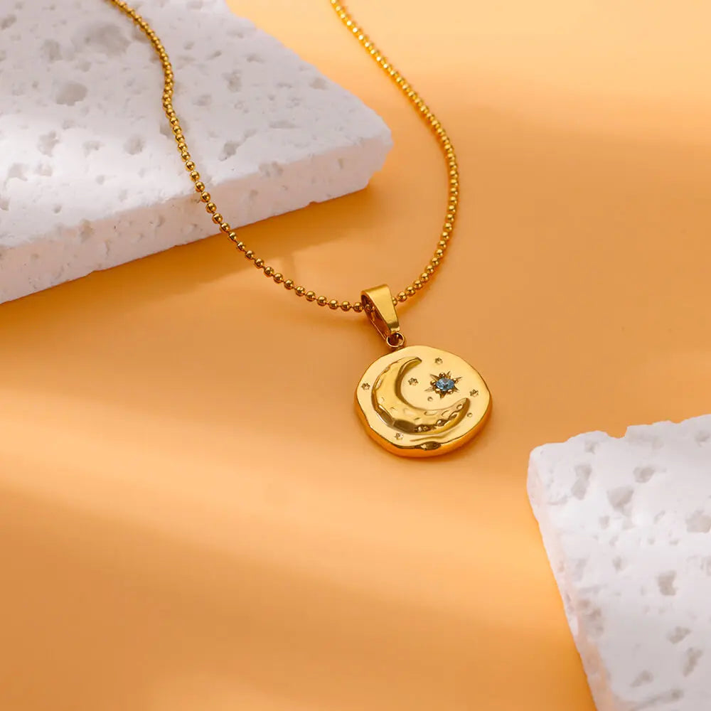 Blue CZ Star Moon Pendant Necklace