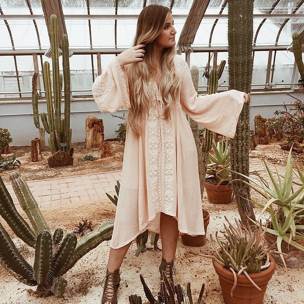 Boho Embroidery Folk Dress - Light Blue S - SALE