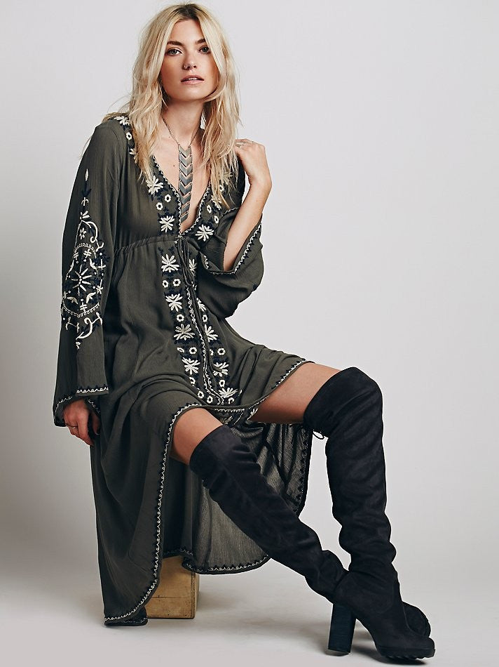 Boho Embroidery Folk Dress - Light Blue S - SALE