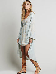 Boho Embroidery Folk Dress - Light Blue S - SALE