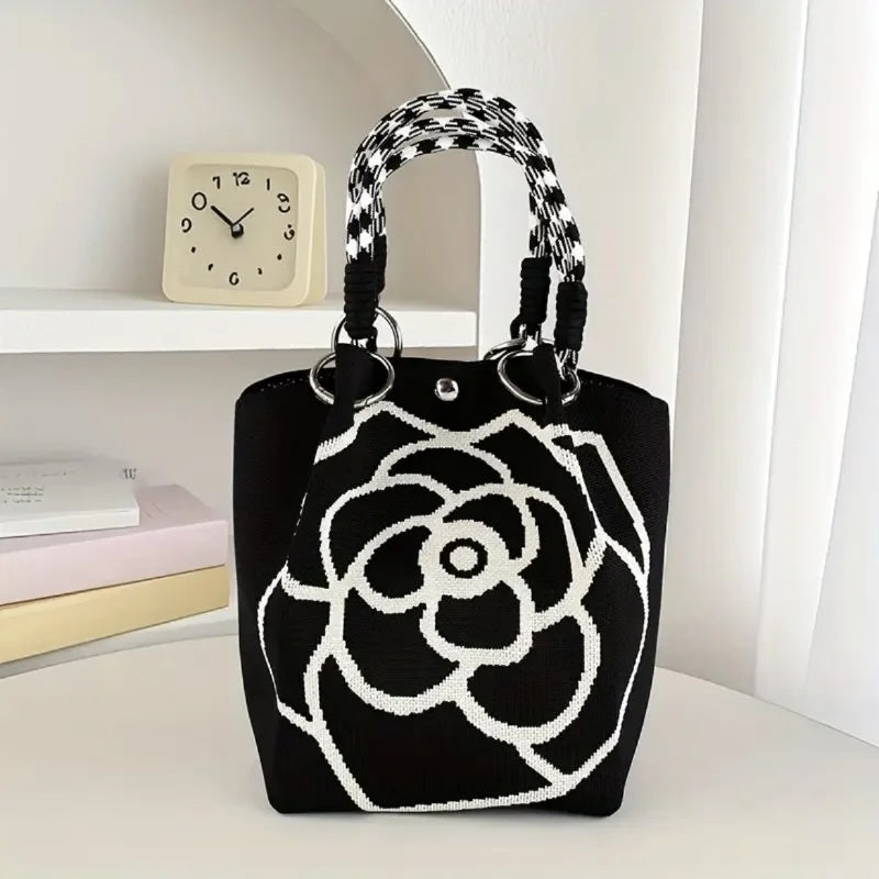 Camellia Flower Knit Bucket Handbag