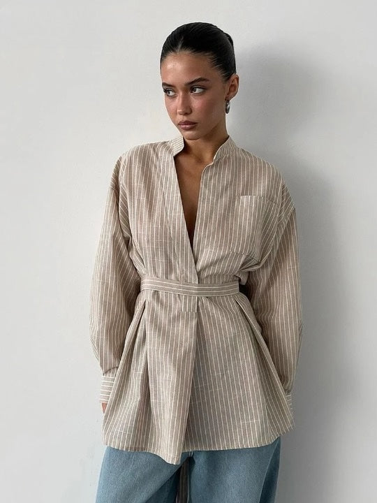Clara Pinstripe Belted Long Tunic Shirts 