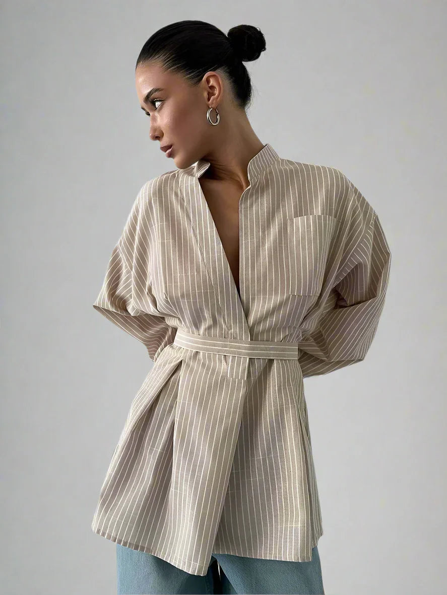 Clara Pinstripe Belted Long Tunic Shirts 