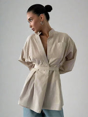 Clara Pinstripe Belted Long Tunic Shirts 