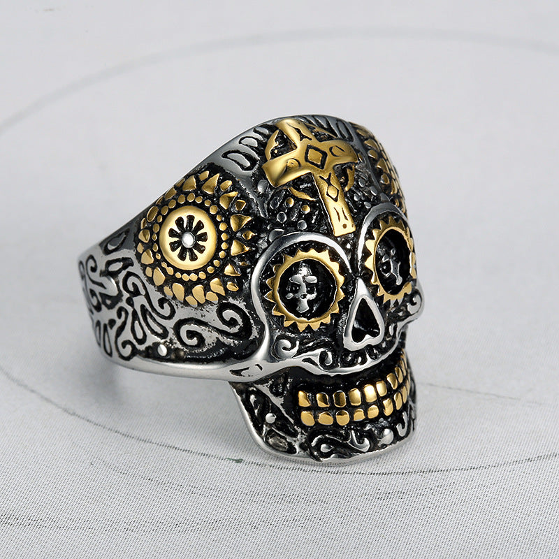 Cross-Motif Metal Sugar-Skull Design Ring