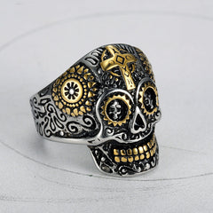 Cross-Motif Metal Sugar-Skull Design Ring
