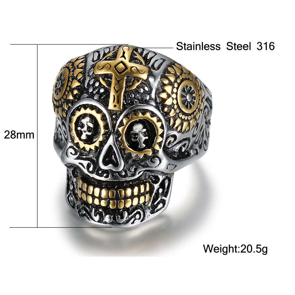 Cross-Motif Metal Sugar-Skull Design Ring