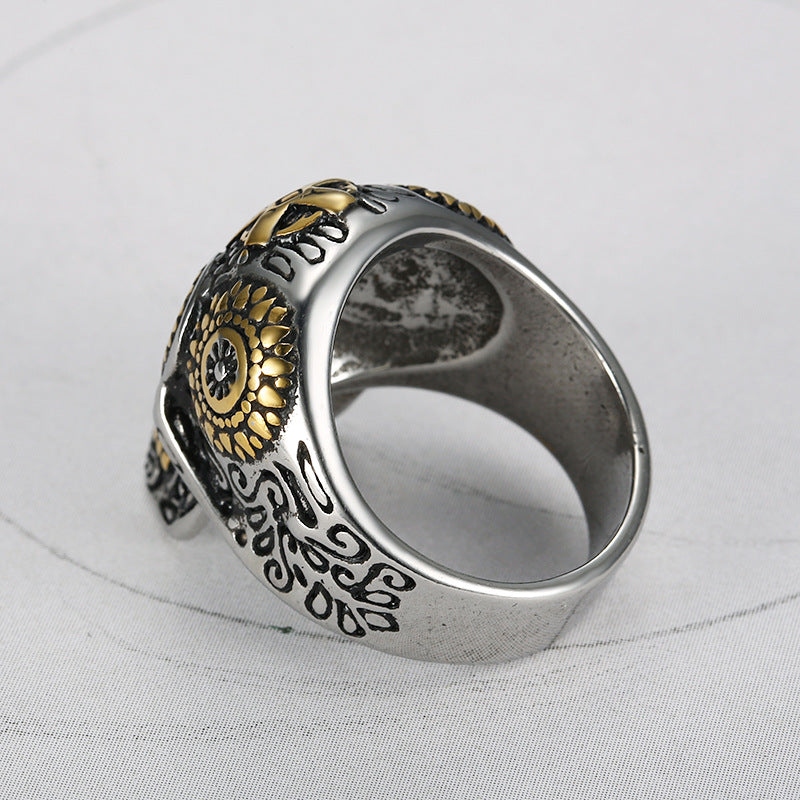 Cross-Motif Metal Sugar-Skull Design Ring