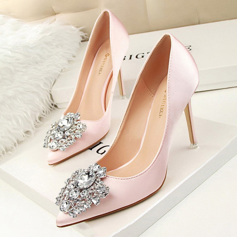 Crystal Embellished Satin Heels - Pink/38 (US 7)- (SALE)