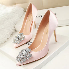 Crystal Embellished Satin Heels - Pink/38 (US 7)- (SALE)