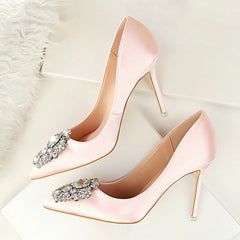 Crystal Embellished Satin Heels - Pink/38 (US 7)- (SALE)