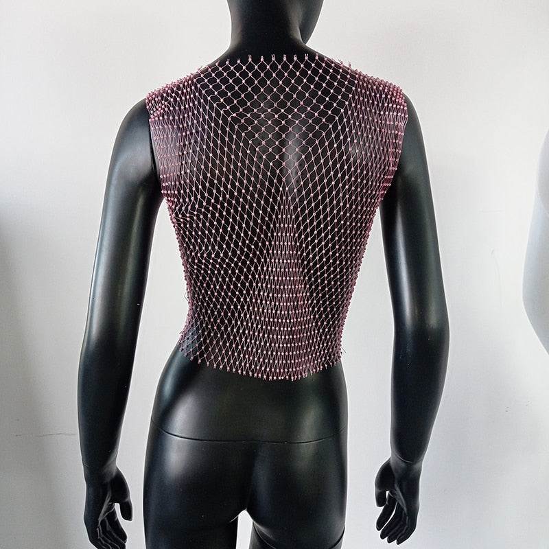 Crystal Rhinestone-Detail Mesh Top - 8 Colors