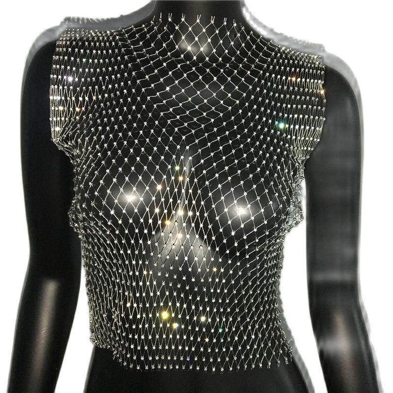Crystal Rhinestone-Detail Mesh Top - 8 Colors