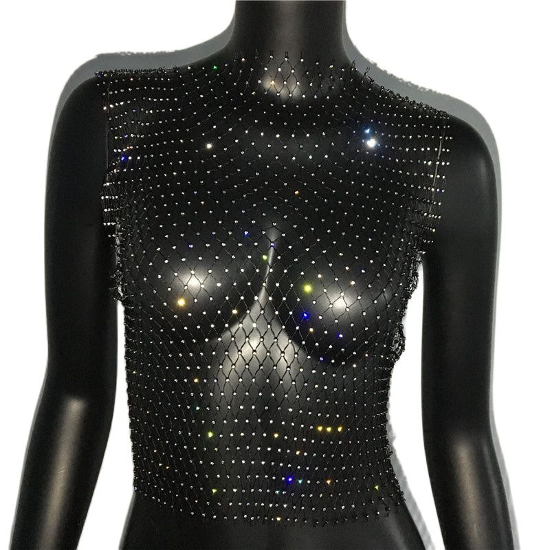 Crystal Rhinestone-Detail Mesh Top - 8 Colors