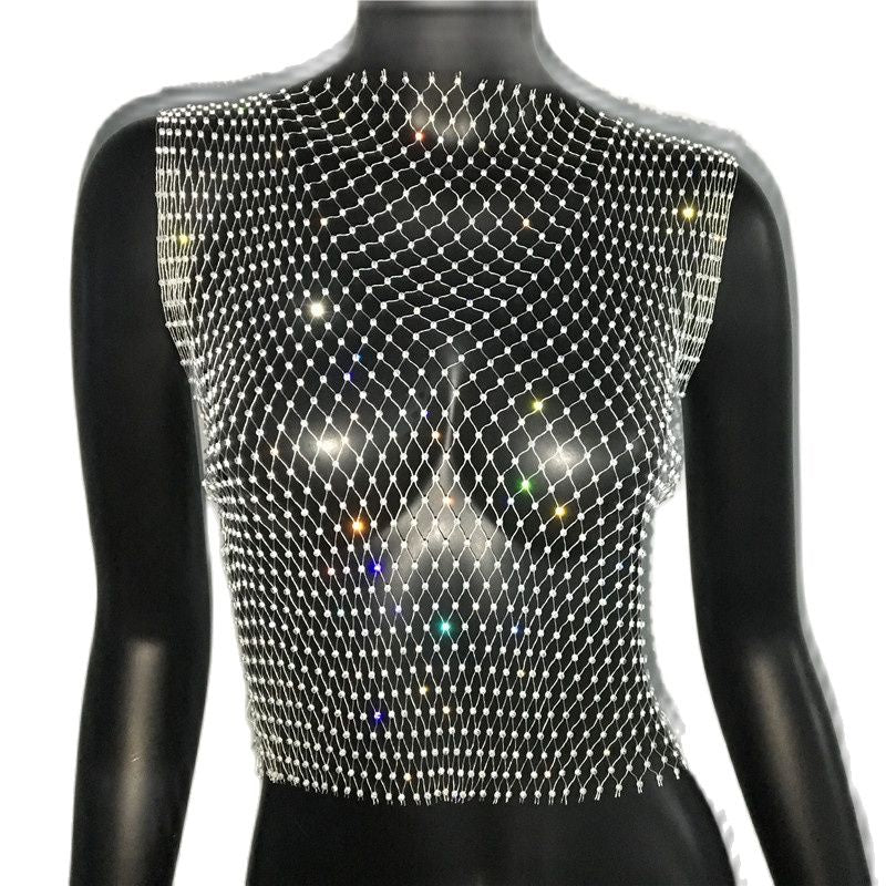 Crystal Rhinestone-Detail Mesh Top - 8 Colors