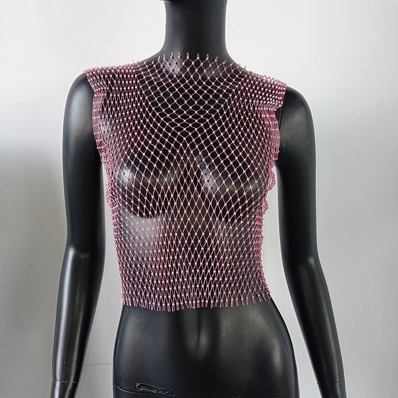 Crystal Rhinestone-Detail Mesh Top - 8 Colors