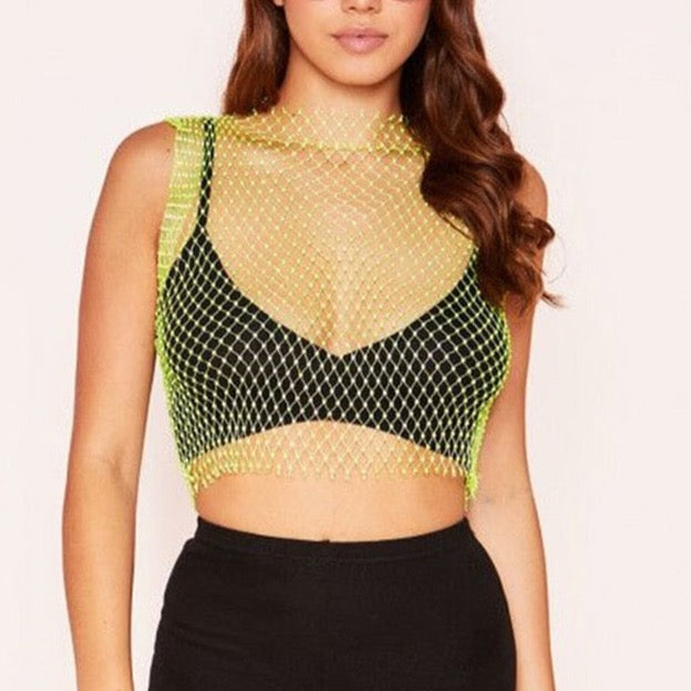 Crystal Rhinestone-Detail Mesh Top - 8 Colors