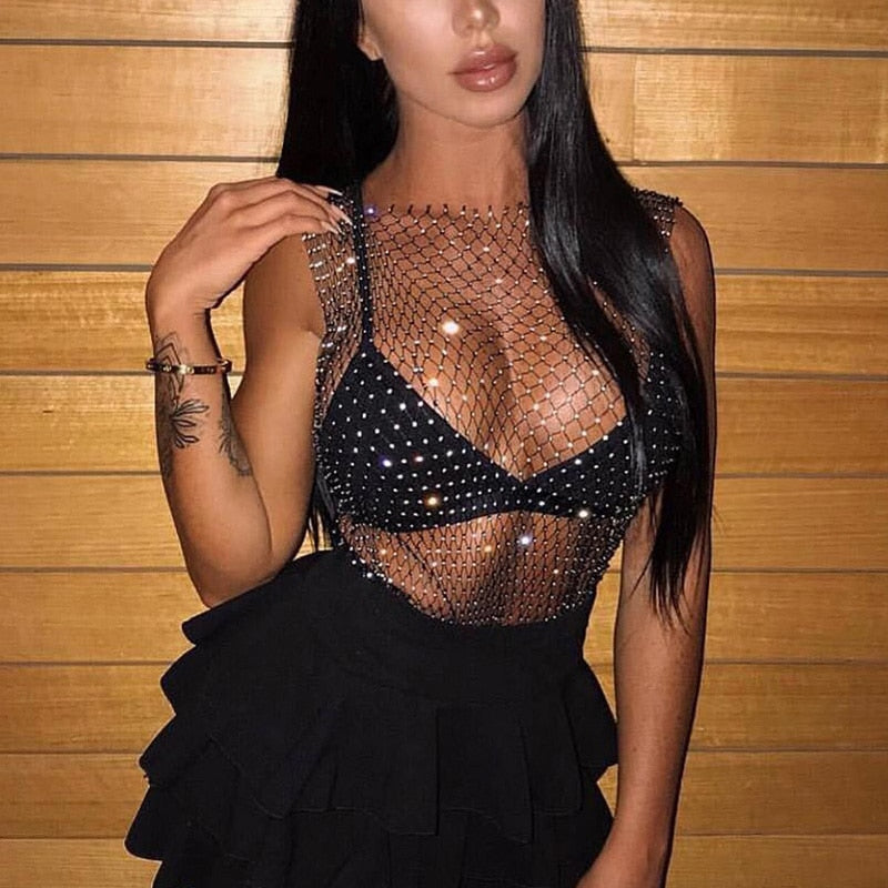 Crystal Rhinestone-Detail Mesh Top - 8 Colors