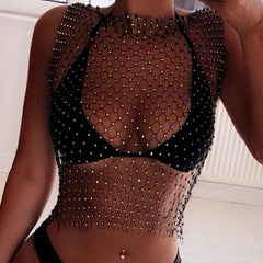 Crystal Rhinestone-Detail Mesh Top - 8 Colors