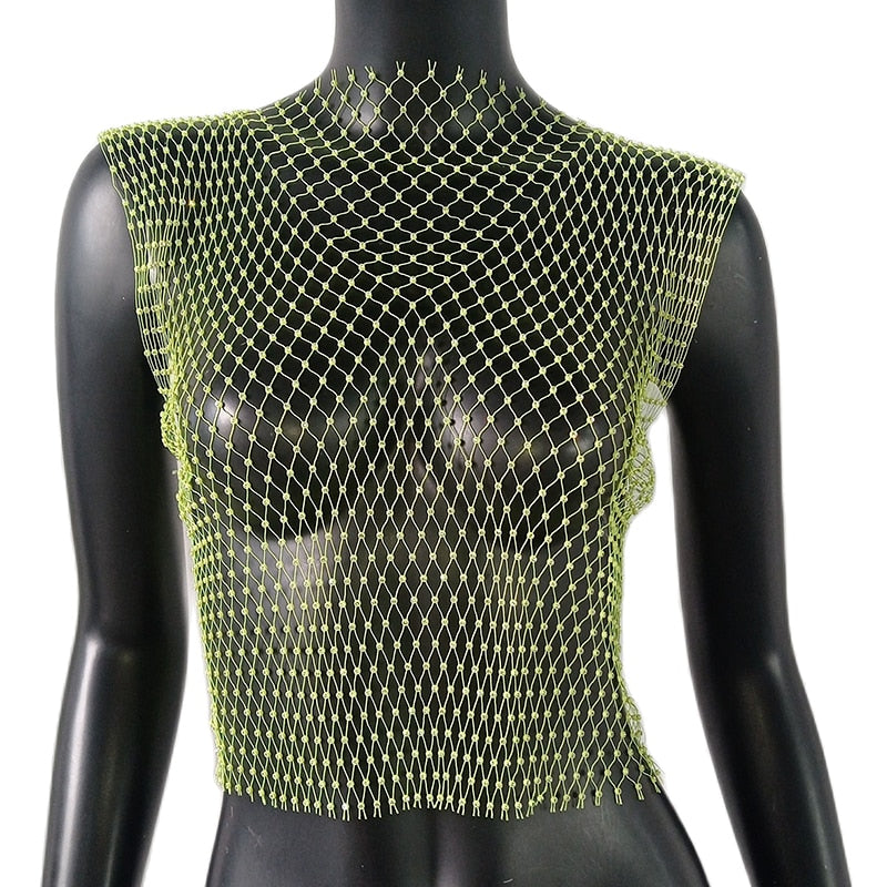 Crystal Rhinestone-Detail Mesh Top - 8 Colors