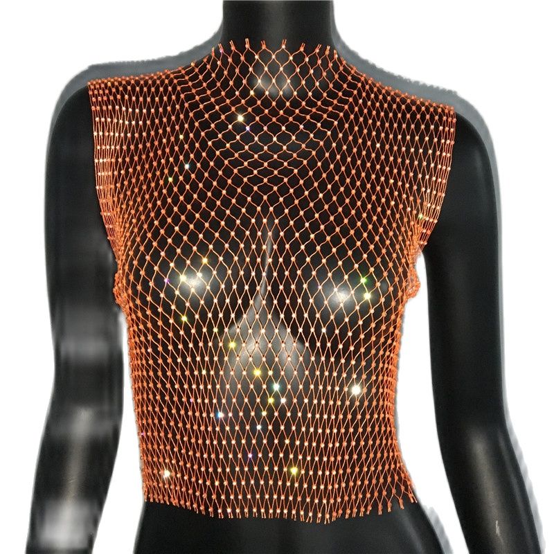 Crystal Rhinestone-Detail Mesh Top - 8 Colors