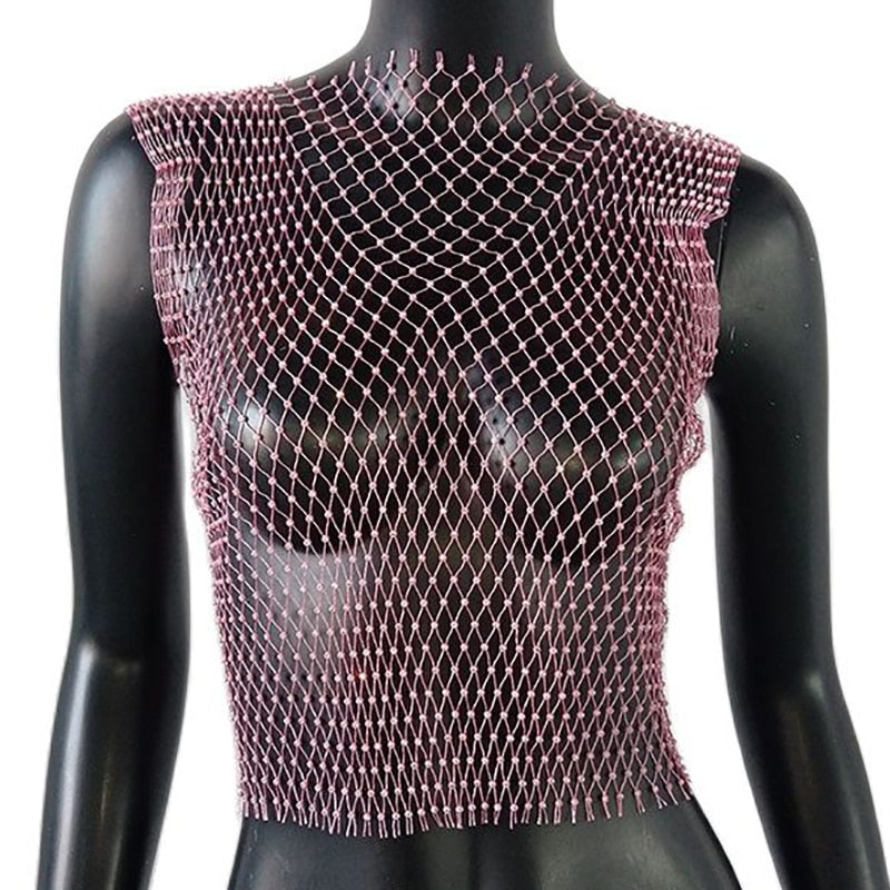 Crystal Rhinestone-Detail Mesh Top - 8 Colors