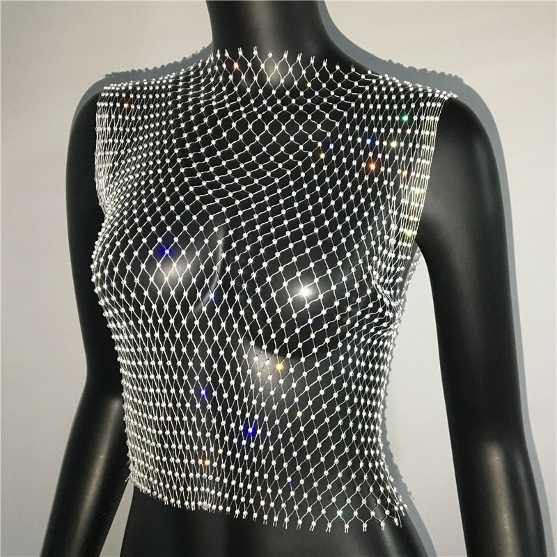 Crystal Rhinestone-Detail Mesh Top - 8 Colors