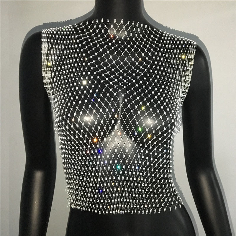 Crystal Rhinestone-Detail Mesh Top - 8 Colors
