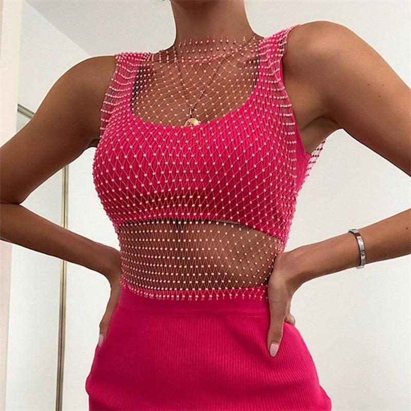 Crystal Rhinestone-Detail Mesh Top - 8 Colors