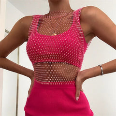 Crystal Rhinestone-Detail Mesh Top - 8 Colors