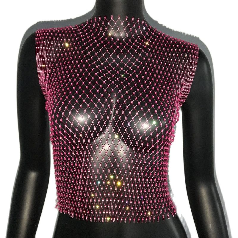 Crystal Rhinestone-Detail Mesh Top - 8 Colors