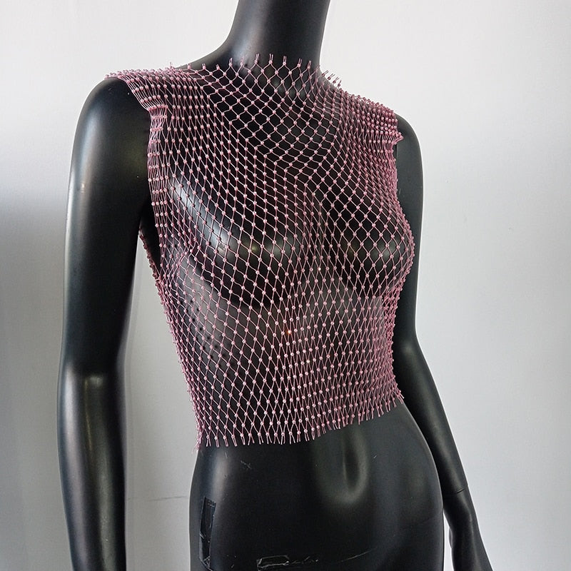 Crystal Rhinestone-Detail Mesh Top - 8 Colors